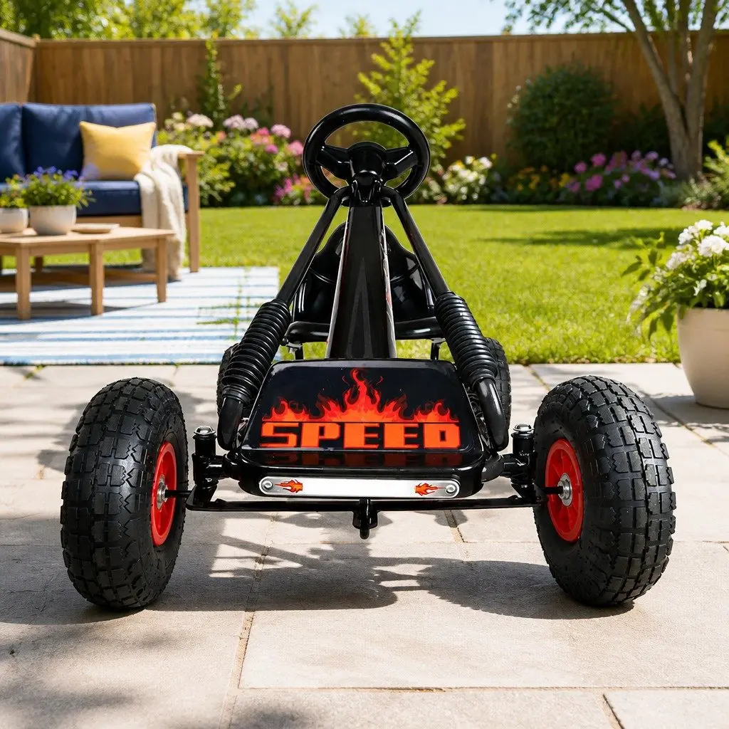 Kids Pedal Go Kart Steel Frame Adjustable Seat Black Rubber Tyres