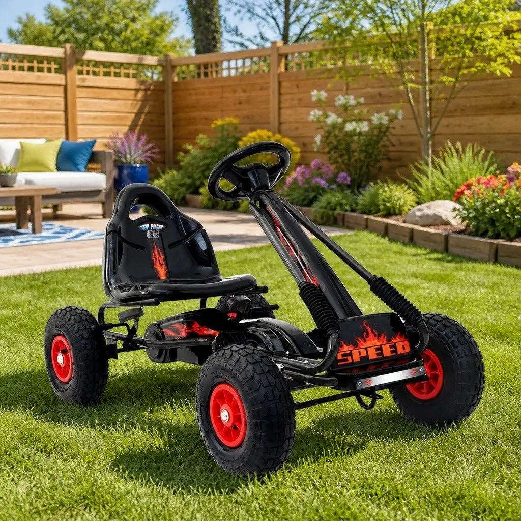 Kids Pedal Go Kart Steel Frame Adjustable Seat Black Rubber Tyres