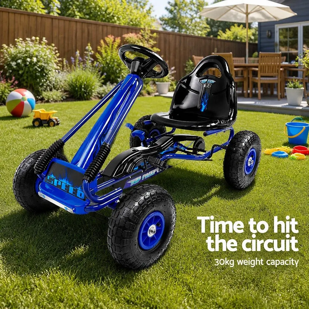 Kids Pedal Go Kart Ride On Car Toy Tricycle Steel Frame Blue Rubber Tyre