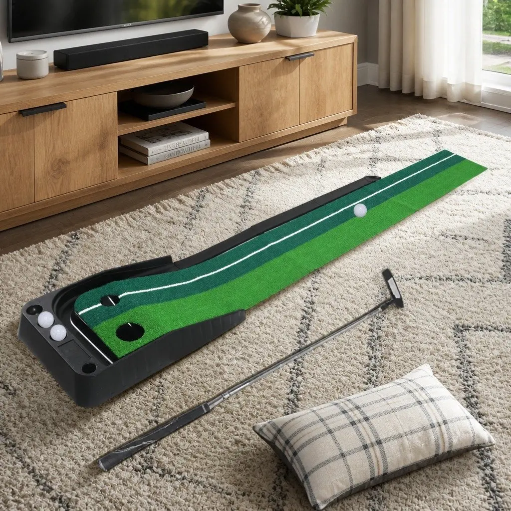 Golf Putting Mat 250cm Portable Practice Trainer Dual Holes Ball