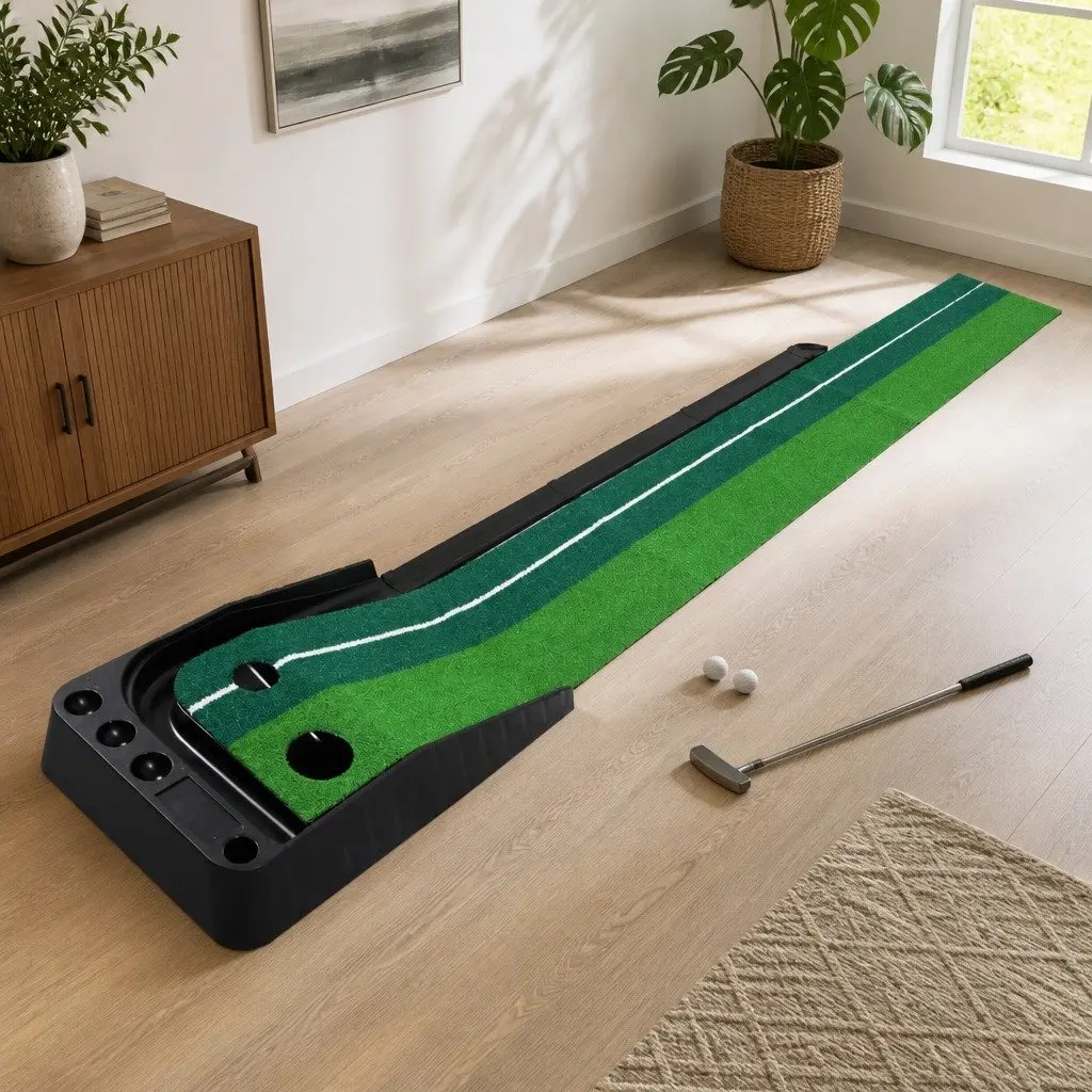 Golf Putting Mat Portable Practice Trainer Dual Holes Green and Black 250cm x 40cm x 9.5cm ABS and PP Plastic
