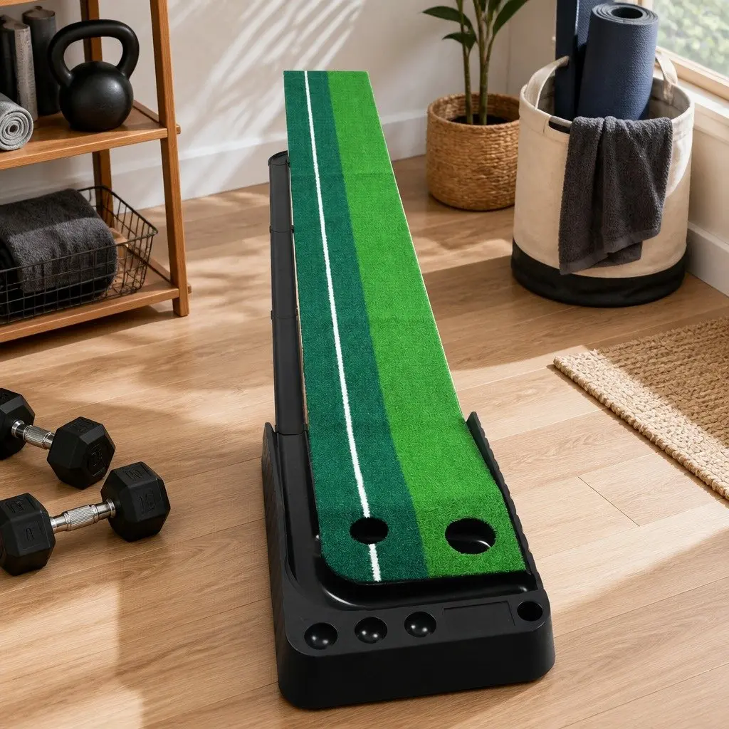 Golf Putting Mat Portable Practice Trainer Dual Holes Green and Black 250cm x 40cm x 9.5cm ABS and PP Plastic