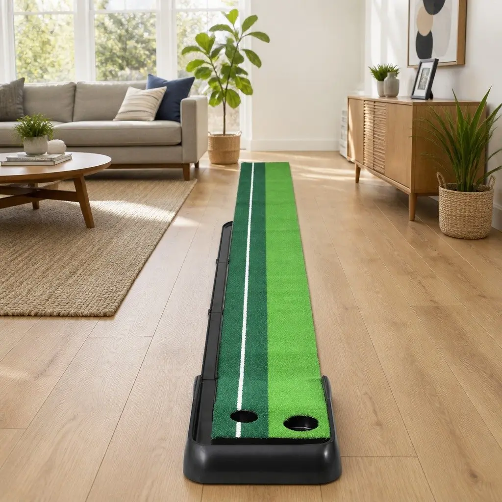 Golf Putting Mat Portable Foldable 3M with Automatic Ball Track Dual Colour Faux Grass Green Black