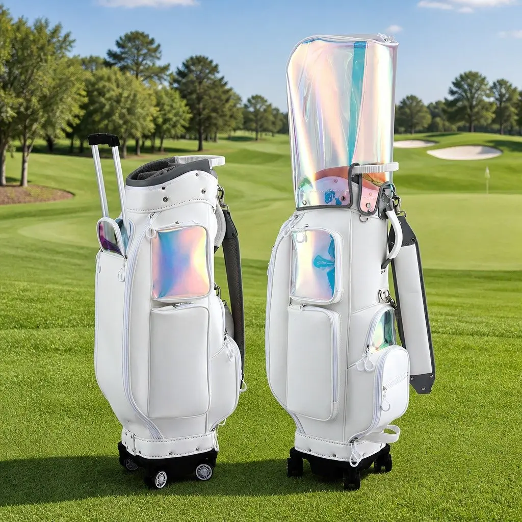 Golf Cart Bag Rolling Buggy Synthetic Microfiber Leather 37cm x 30cm x 125cm White Multicolour