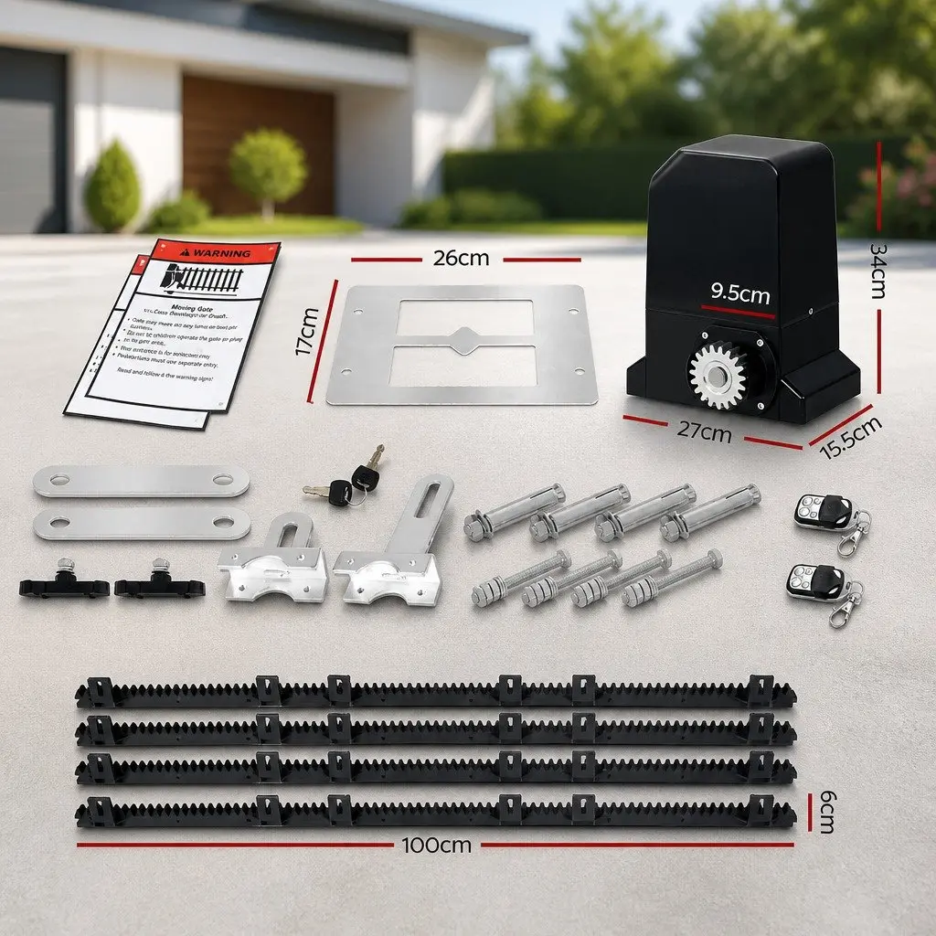 Automatic Sliding Gate Opener Kit 4M Nylon Reinforced Rail 1000kg Capacity Black