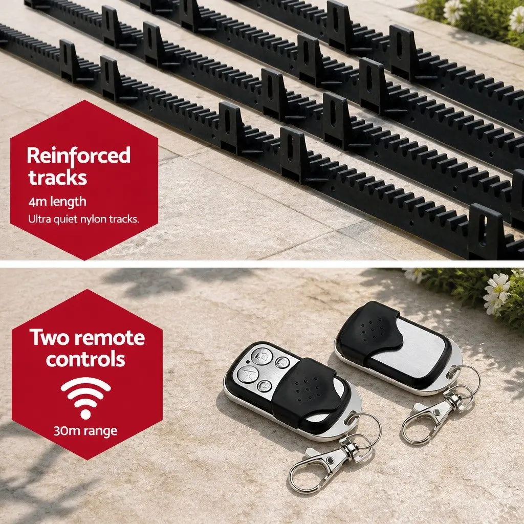 Automatic Sliding Gate Opener Kit 4M Nylon Reinforced Rail 1000kg Capacity Black