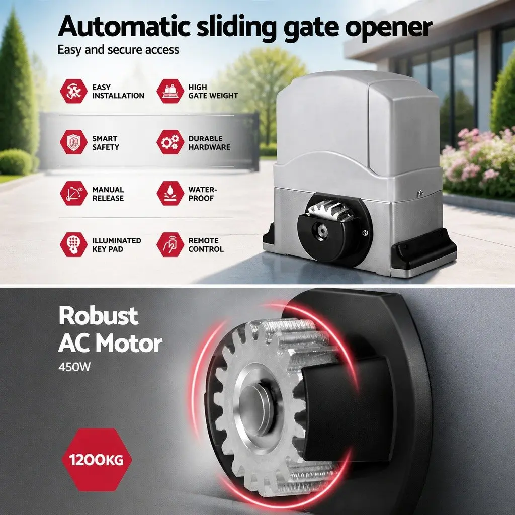 Electric Sliding Gate Opener Kit 4M 1200kg Motor Remote Control White