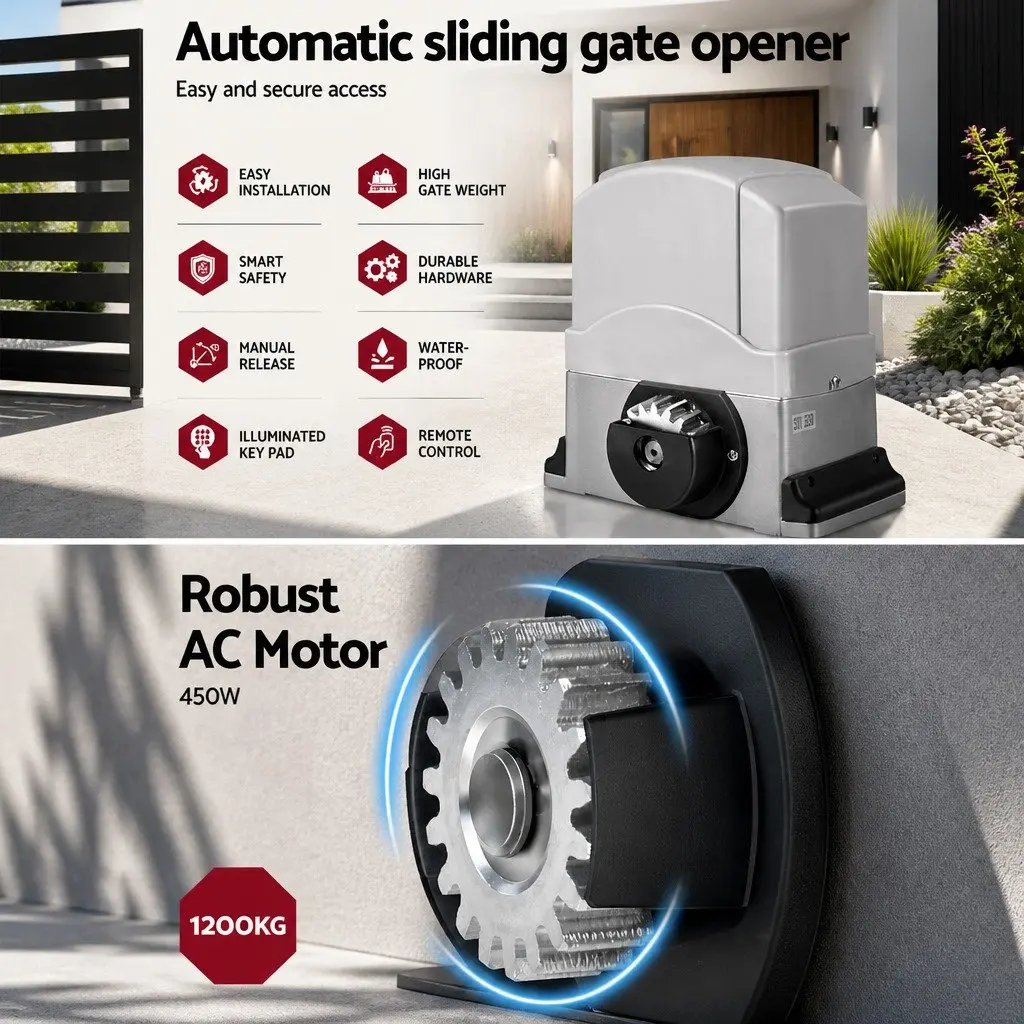 Sliding Gate Opener Kit Electric Remote Control White 6M 1200kg for Residential and Commercial Use