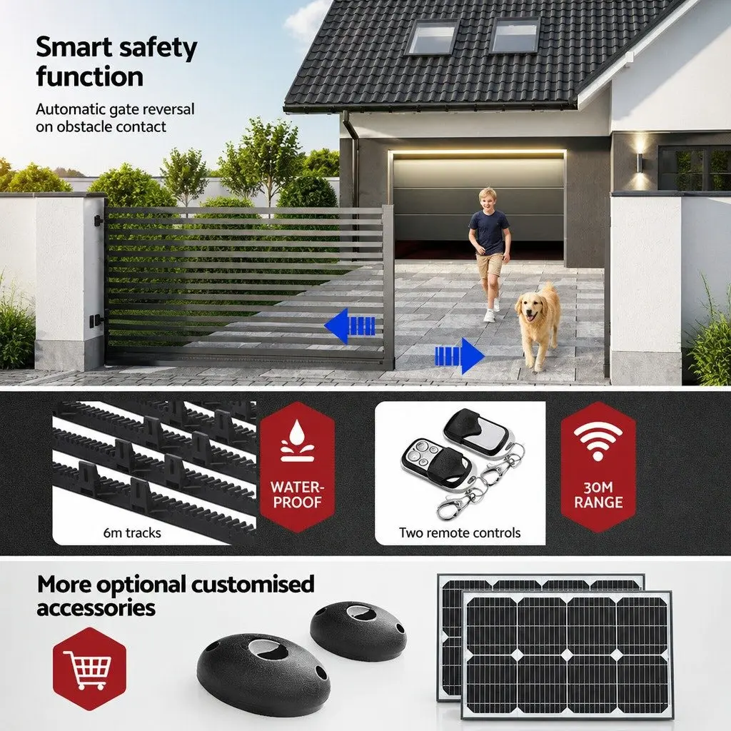 Sliding Gate Opener Kit Electric Remote Control White 6M 1200kg for Residential and Commercial Use