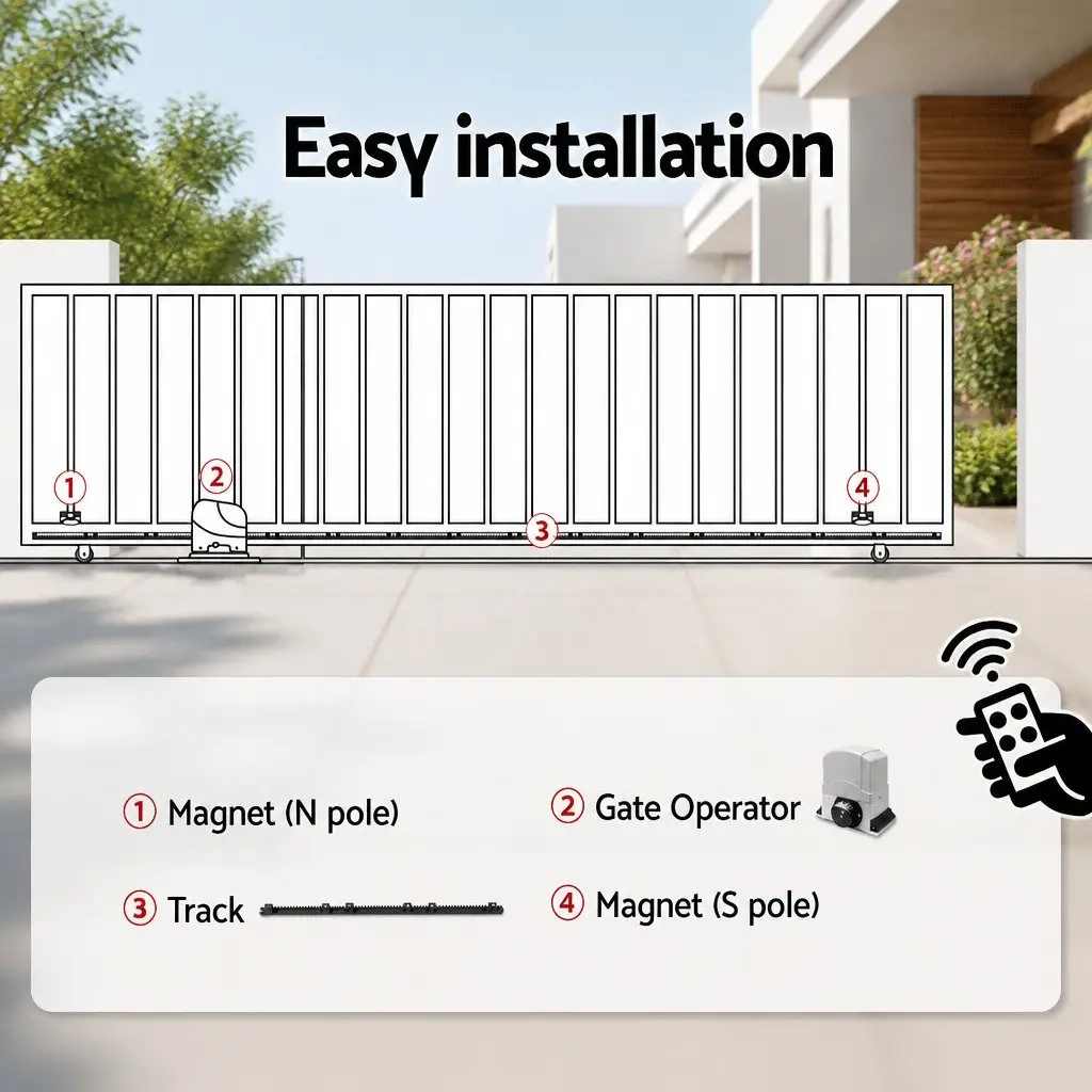 Sliding Gate Opener Kit Electric Remote Control White 6M 1200kg for Residential and Commercial Use