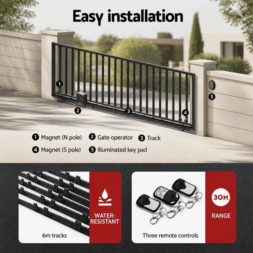 Automatic Sliding Gate Opener Kit Solar Powered 10W 6M 600KG Remote Control