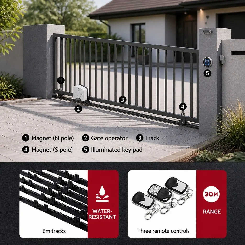 Solar Powered Automatic Gate Opener Kit 40W Adjustable Auto-Close 600KG 6M Black