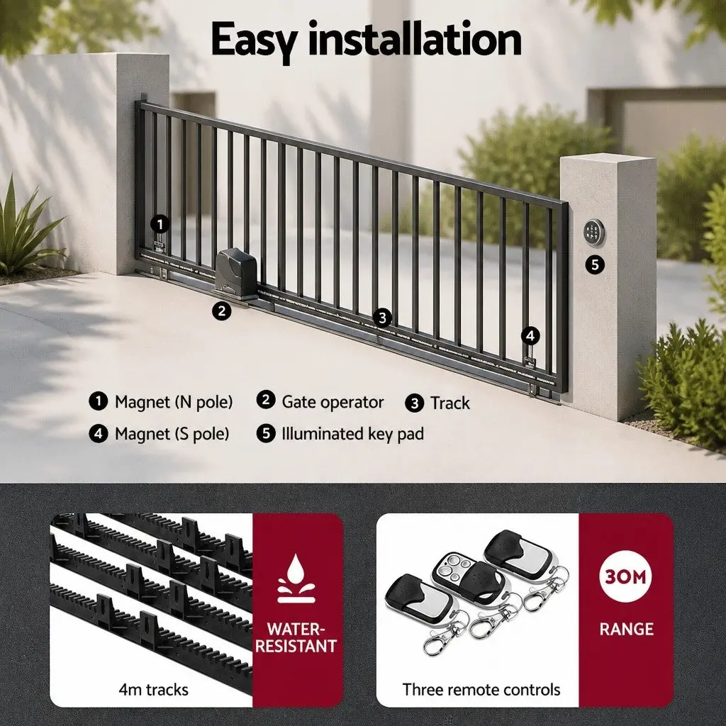 Solar Powered Automatic Gate Opener 600kg Capacity Remote Control Black 40W for Residential and Commercial Use