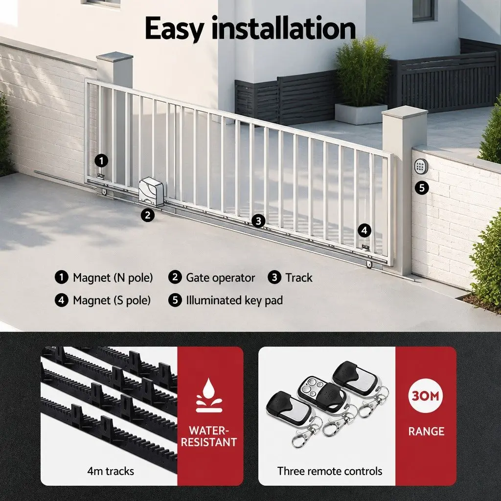 Automatic Sliding Gate Opener Kit 4M 600KG Solar Powered Remote Control Black