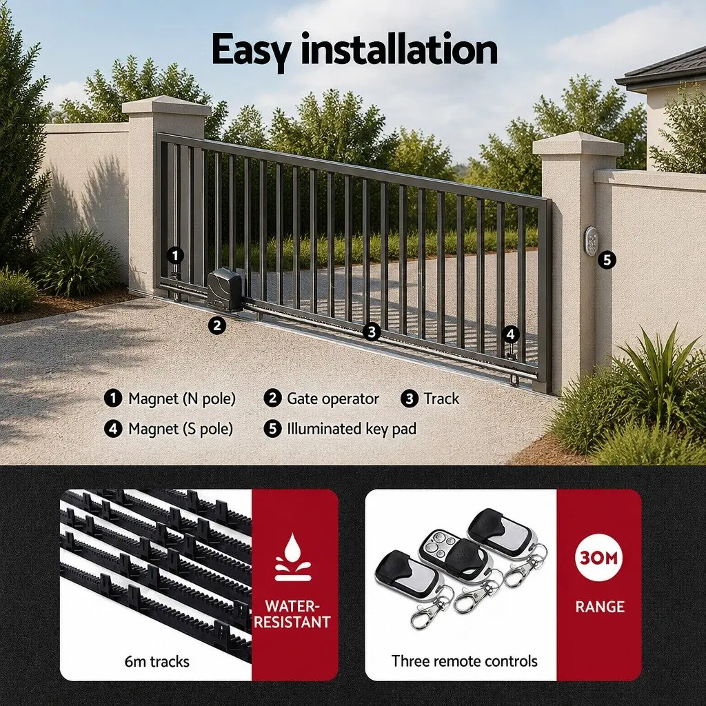 Sliding Gate Opener Kit Solar Powered 600KG 6M with Remote Control Gentle Start Stop and Auto Close Function