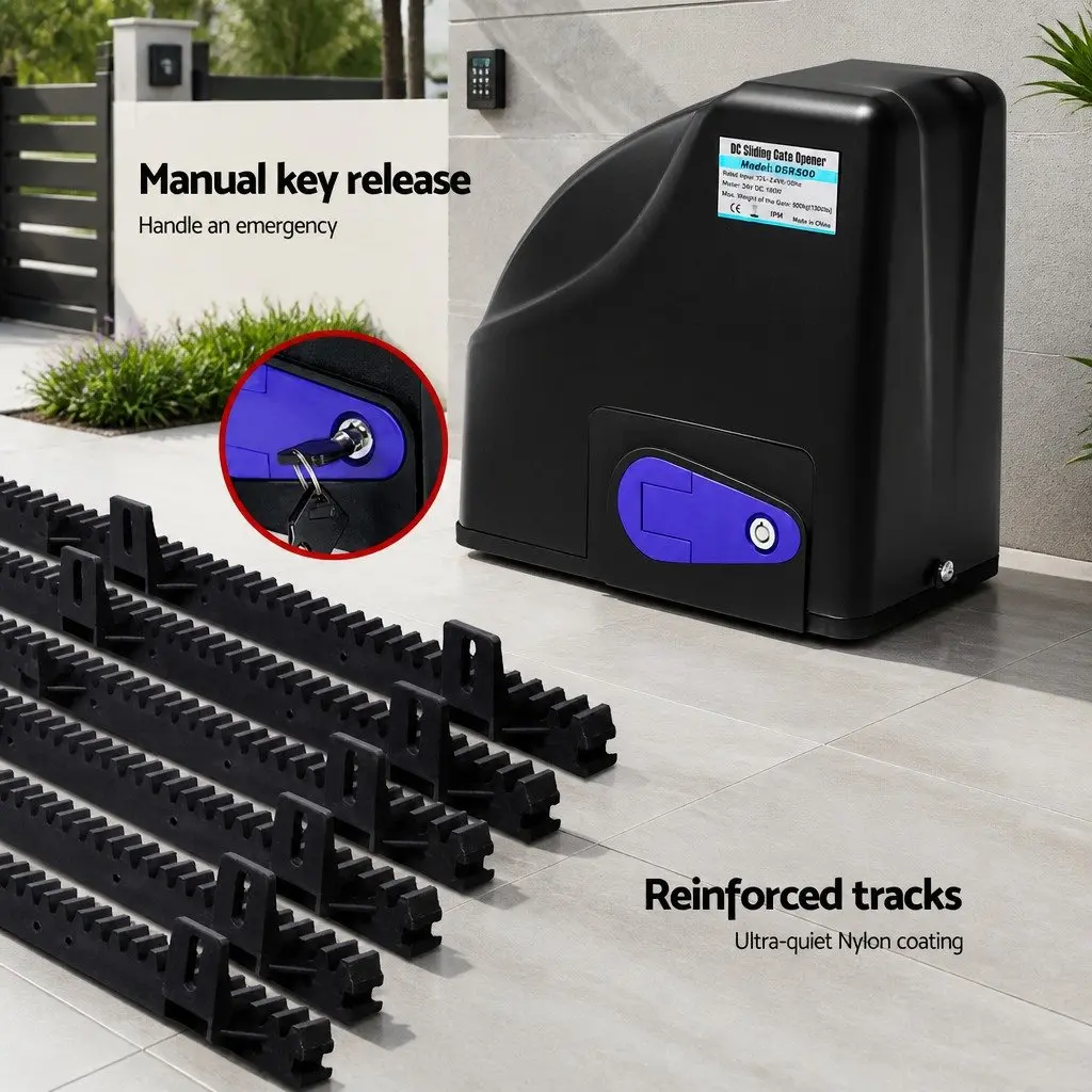 Sliding Gate Opener Kit Solar Powered 600KG 6M with Remote Control Gentle Start Stop and Auto Close Function