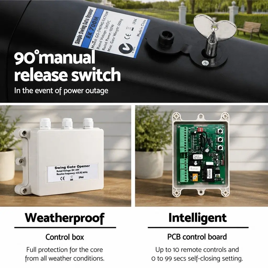 Solar Gate Opener Automatic Control Remote Arm Kit Single Swing 500kg Black White