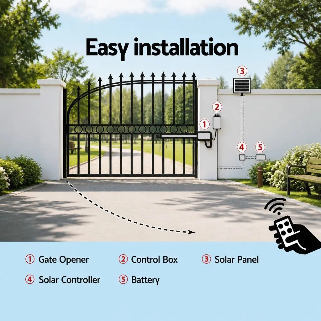 Solar Gate Opener Automatic Control Remote Arm Kit Single Swing 500kg Black White