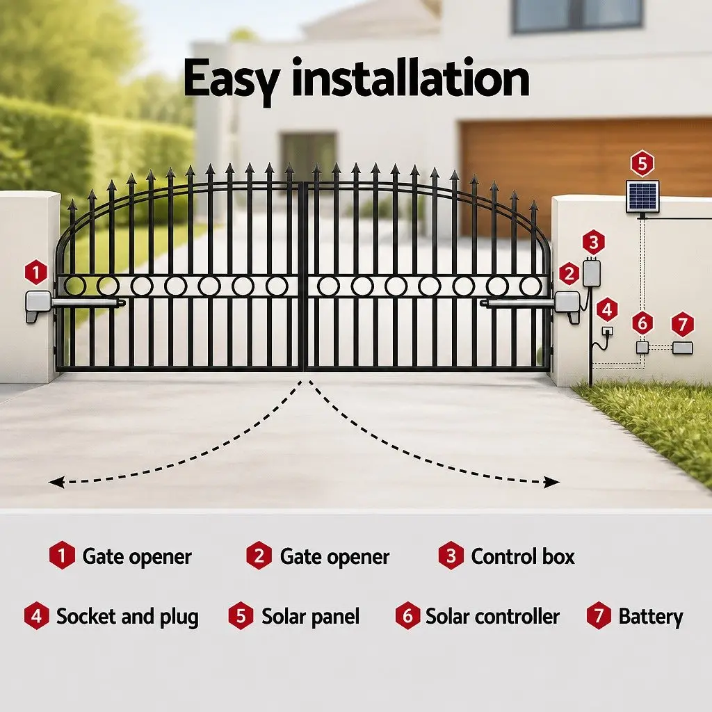 Solar Powered Gate Opener Electric Remote Control 800kg Swing System Black