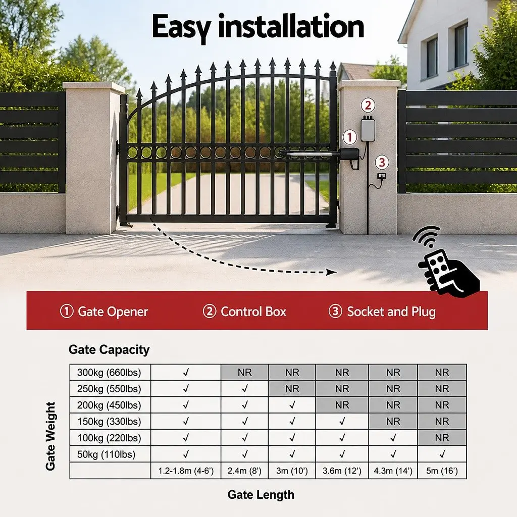 Solar Powered Automatic Gate Opener 20W for Steel Wood Vinyl Gates Up to 300kg and 5m Length with Remote Control and Obstruction Detection