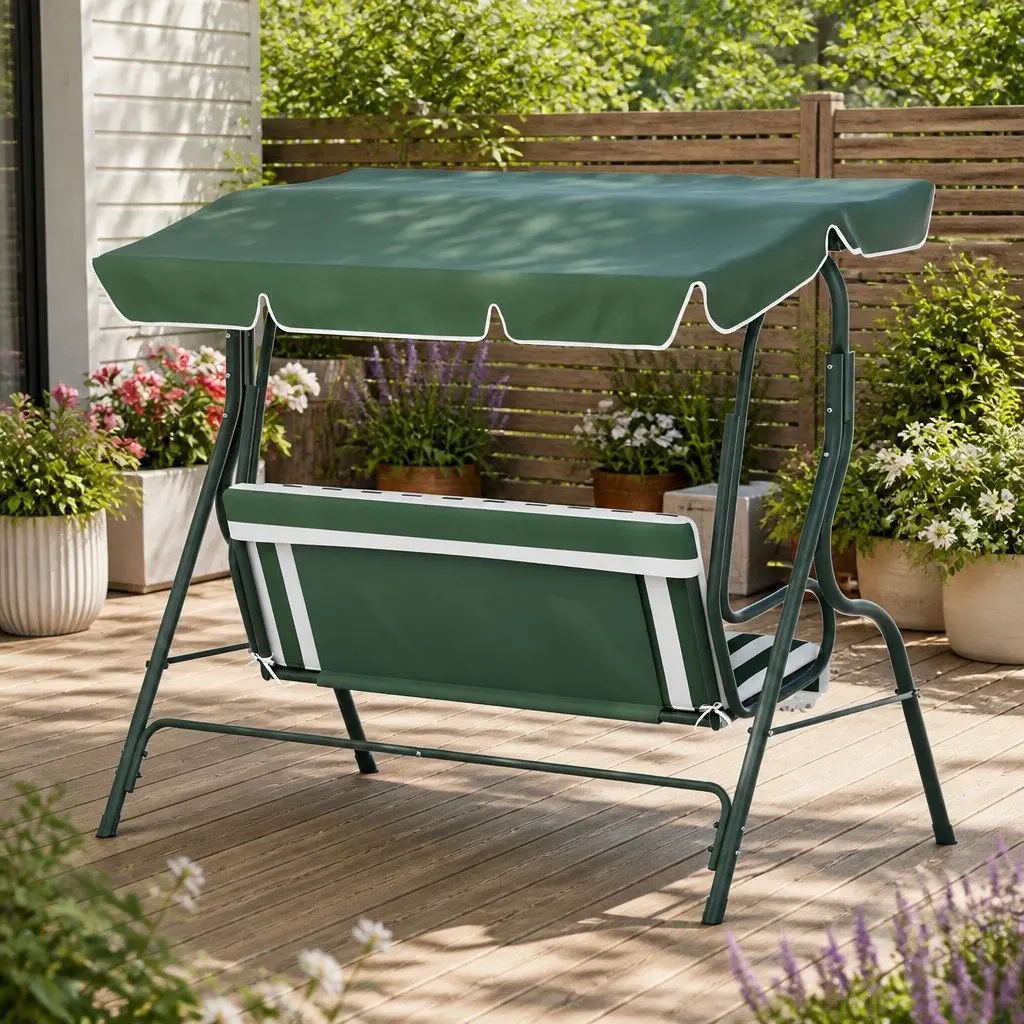 3 Seater Outdoor Swing Chair with Canopy Powder-coated Steel White or Green