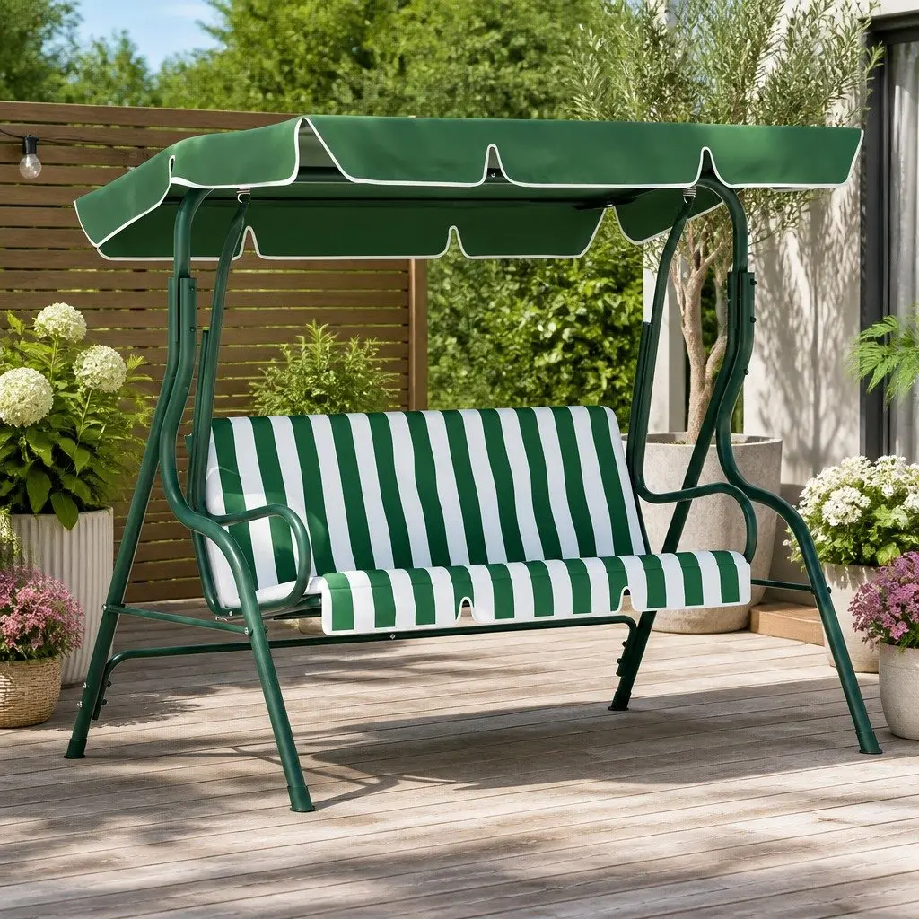 3 Seater Outdoor Swing Chair with Canopy Powder-coated Steel White or Green