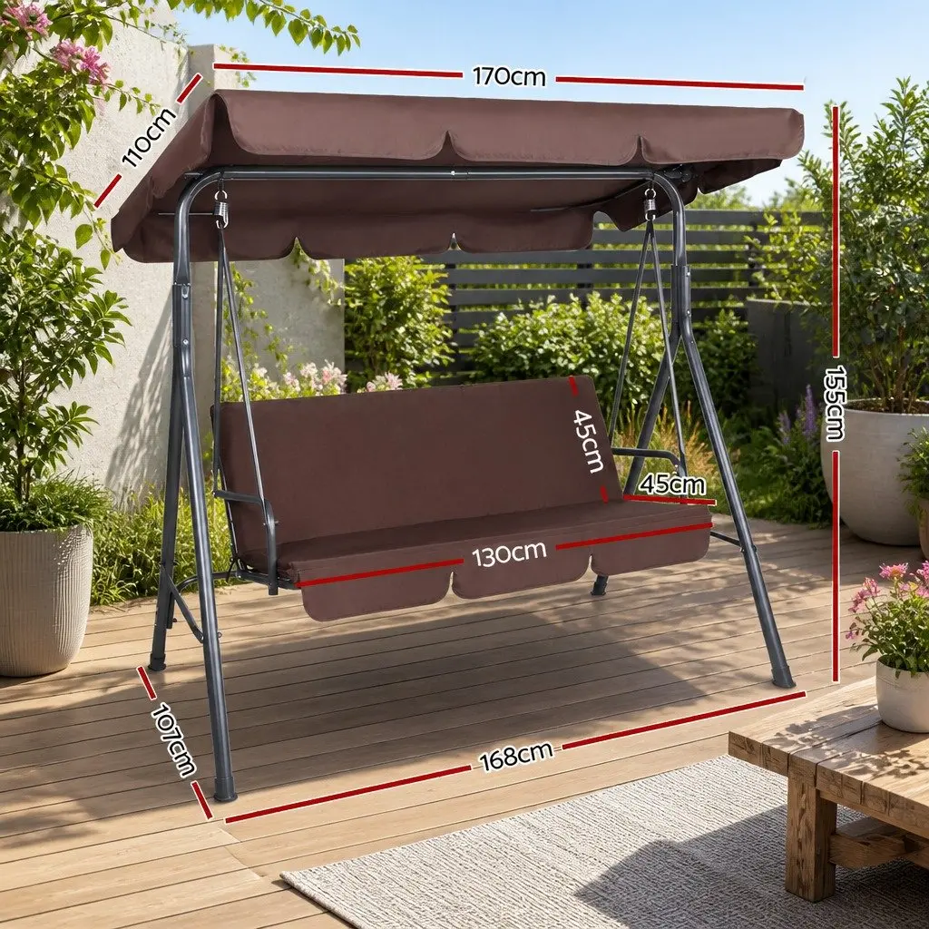 Outdoor Swing Chair Canopy Bench Furniture Dark Brown 3 Seater Powder-coated Steel Textilene