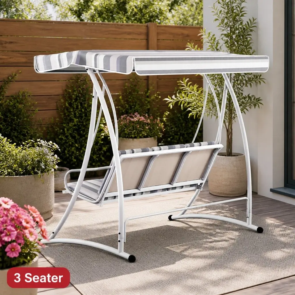 Outdoor Swing Chair Powder-coated Steel 3 Seater Grey