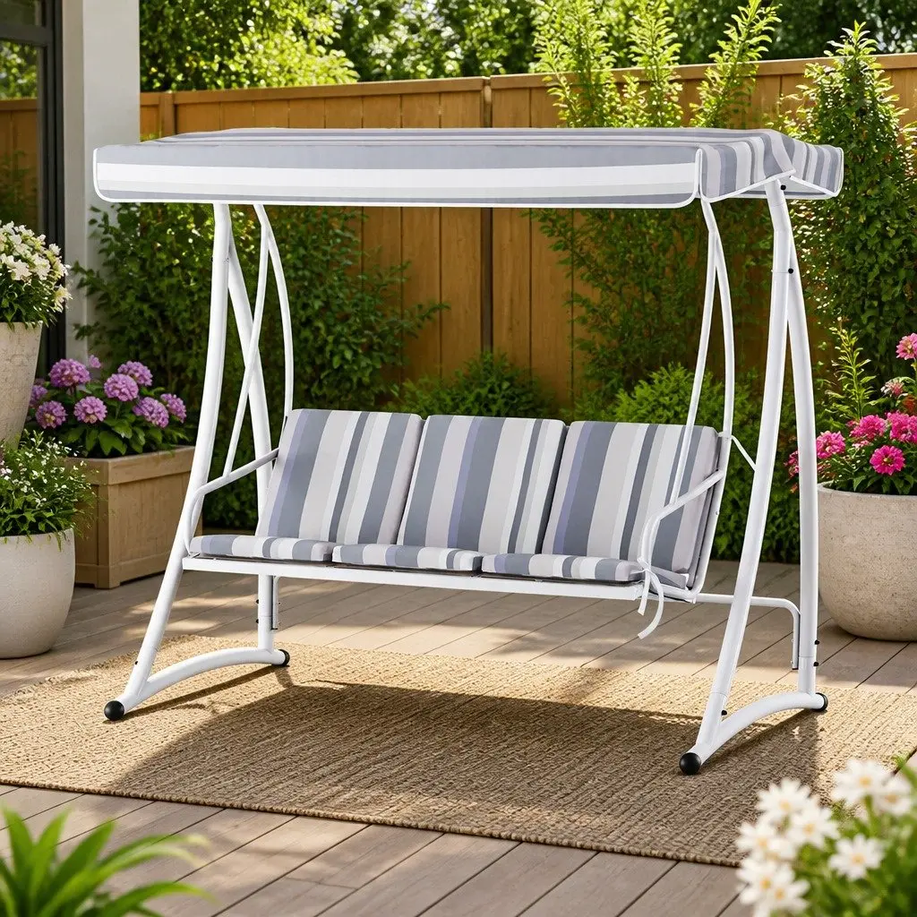Outdoor Swing Chair Powder-coated Steel 3 Seater Grey