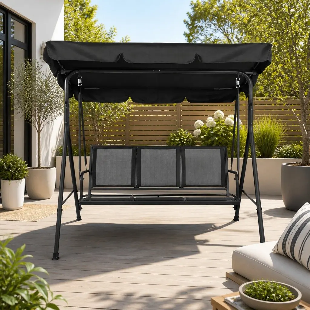 Outdoor Swing Chair 3 Seater Garden Bench Canopy Furniture Black Adjustable