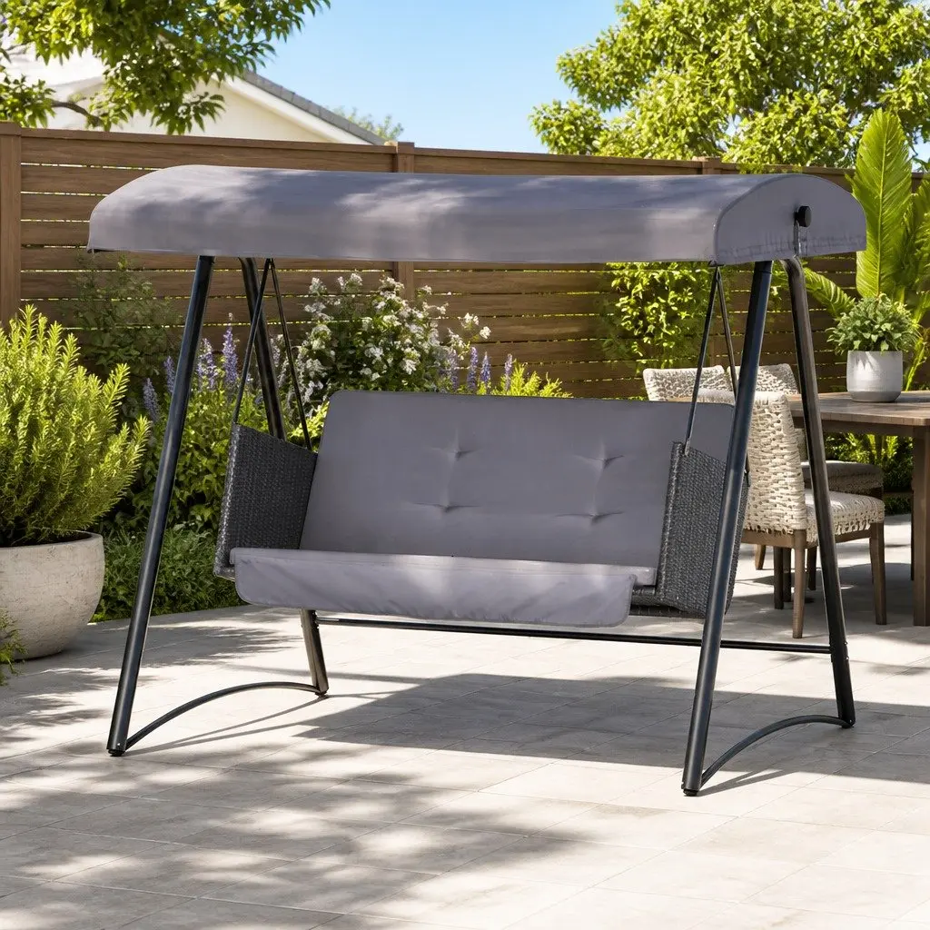 3 Seater Rattan Swing Chair Outdoor Garden Bench with Adjustable Canopy in Grey and Black
