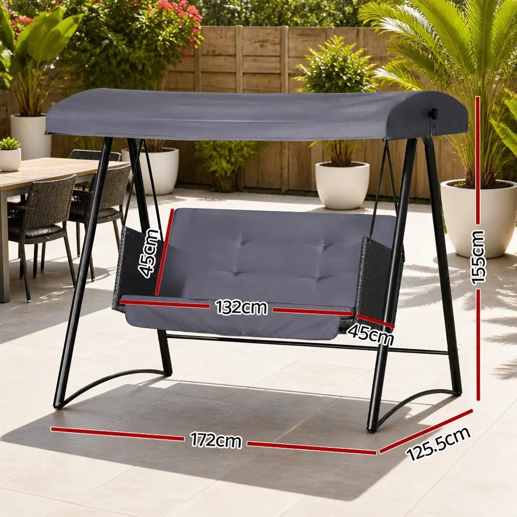3 Seater Rattan Swing Chair Outdoor Garden Bench with Adjustable Canopy in Grey and Black