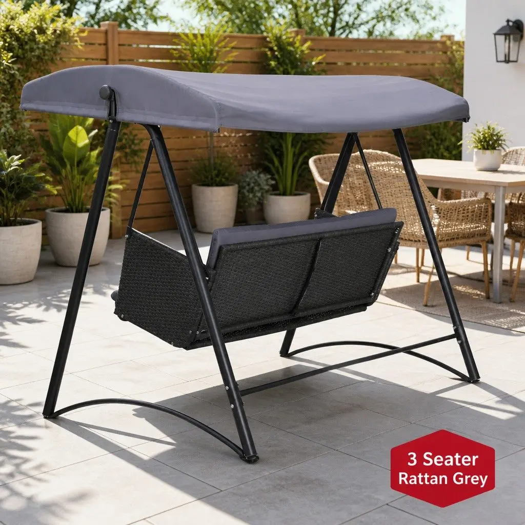 3 Seater Rattan Swing Chair Outdoor Garden Bench with Adjustable Canopy in Grey and Black