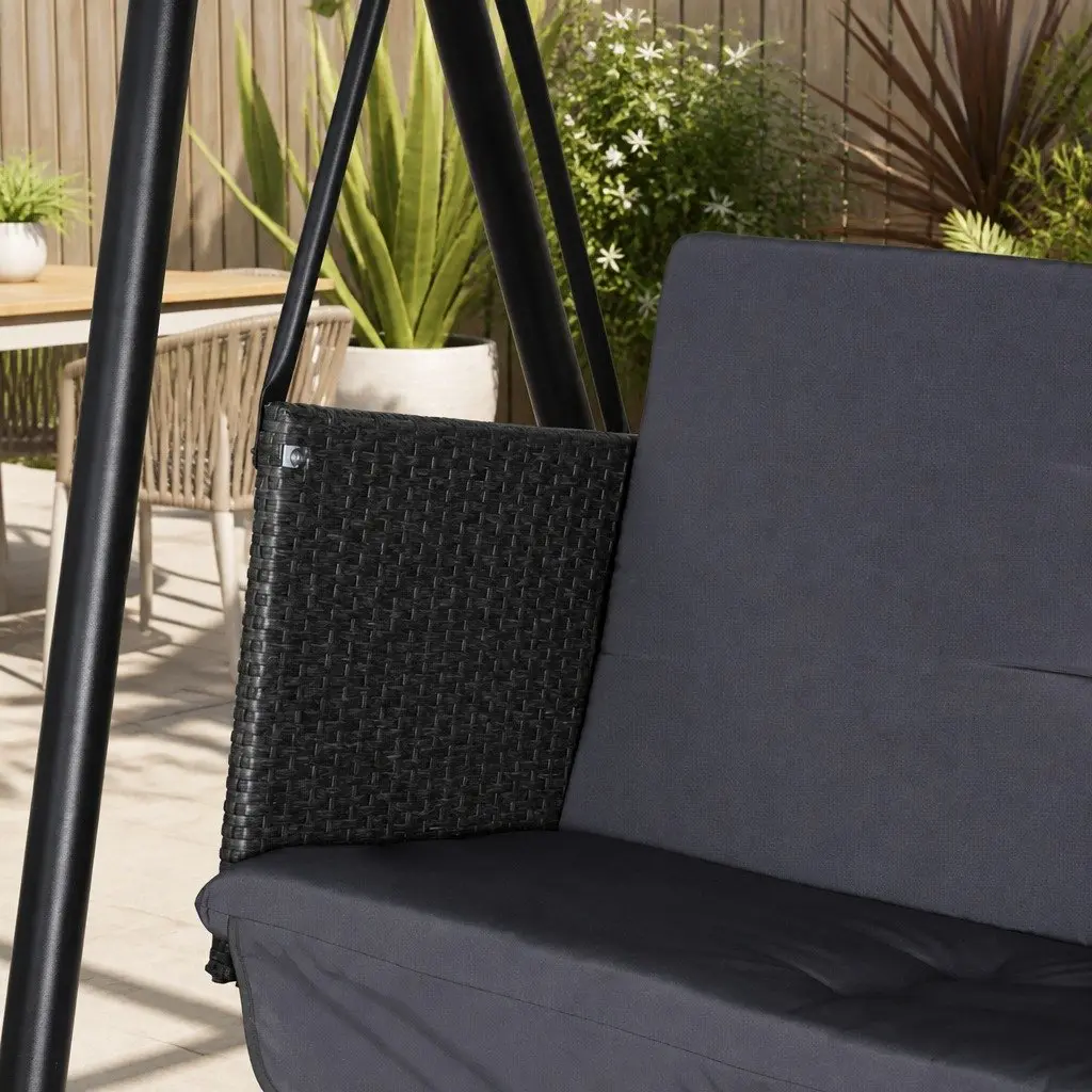 3 Seater Rattan Swing Chair Outdoor Garden Bench with Adjustable Canopy in Grey and Black