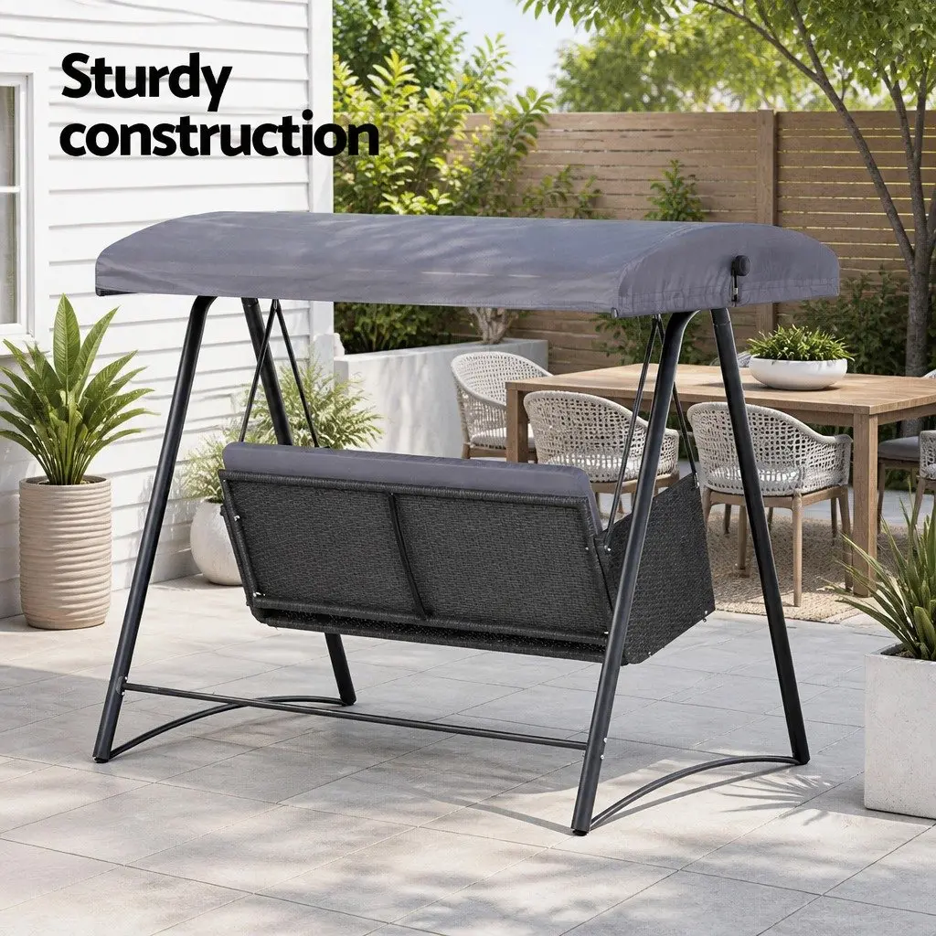 3 Seater Rattan Swing Chair Outdoor Garden Bench with Adjustable Canopy in Grey and Black
