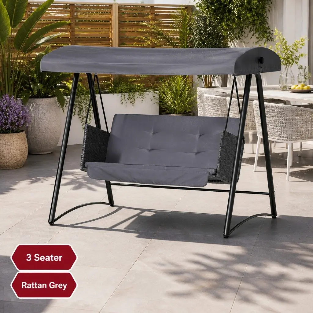 3 Seater Rattan Swing Chair Outdoor Garden Bench with Adjustable Canopy in Grey and Black