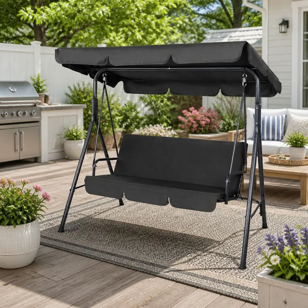 Outdoor Swing Chair Powder-coated Steel 3 Seater Black with Adjustable Canopy