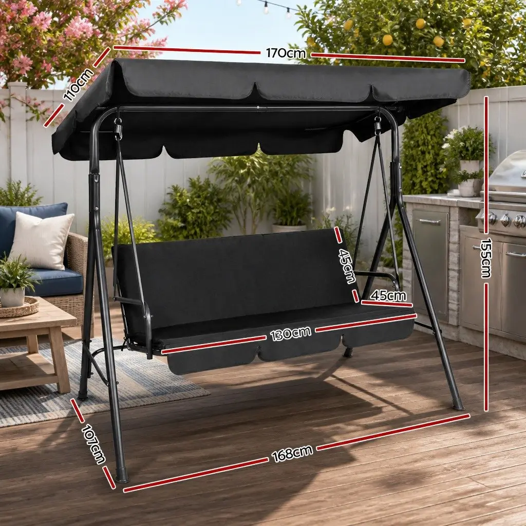 Outdoor Swing Chair Powder-coated Steel 3 Seater Black with Adjustable Canopy