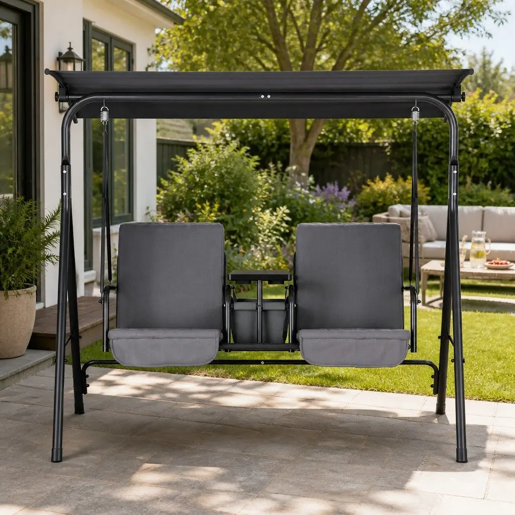 2 Seater Outdoor Swing Chair Powder-coated Steel Adjustable Canopy Grey