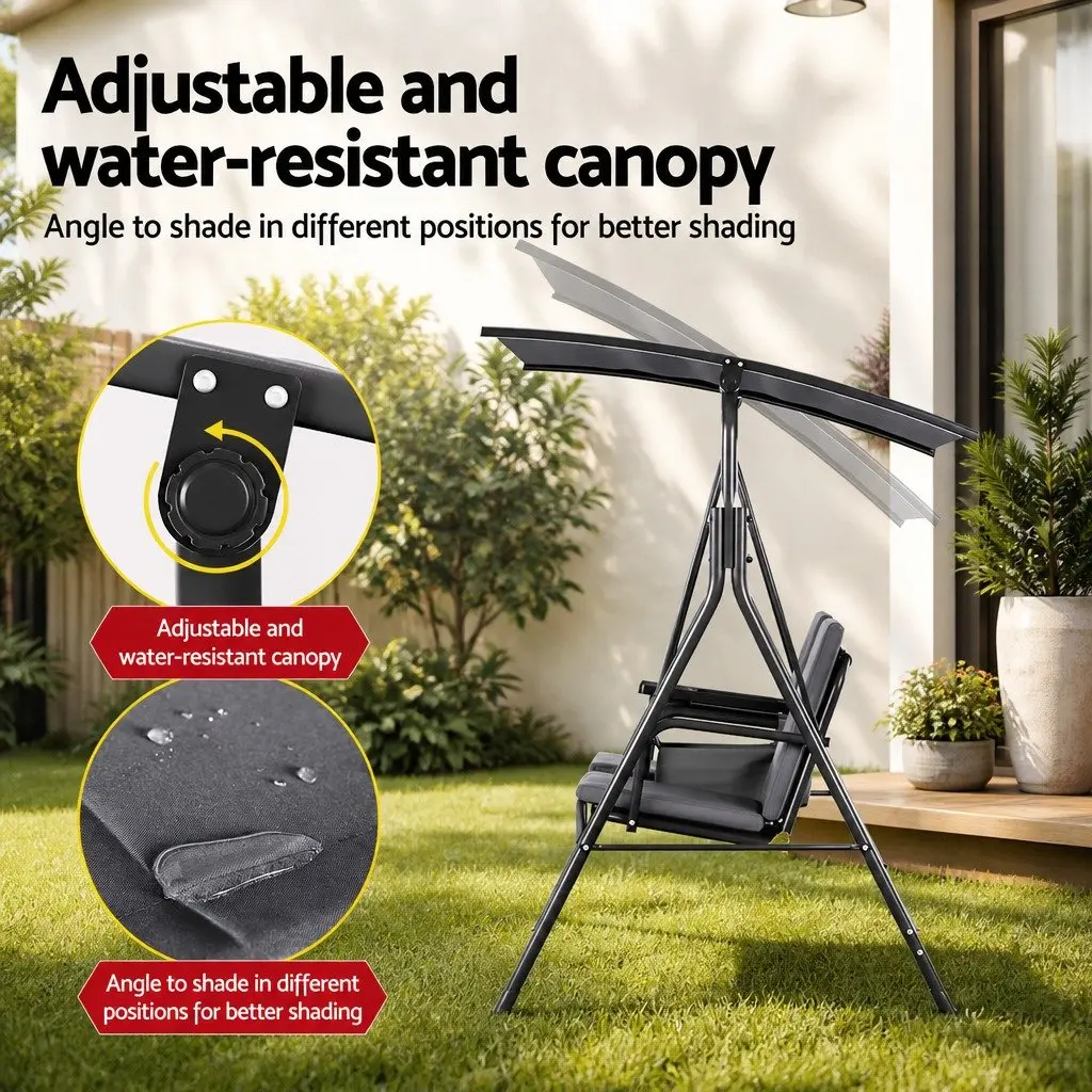2 Seater Outdoor Swing Chair Powder-coated Steel Adjustable Canopy Grey