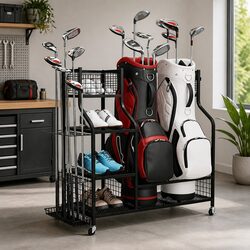Golf Bag Storage Rack Organizer with Wheels Shelves Club Display Stand Black