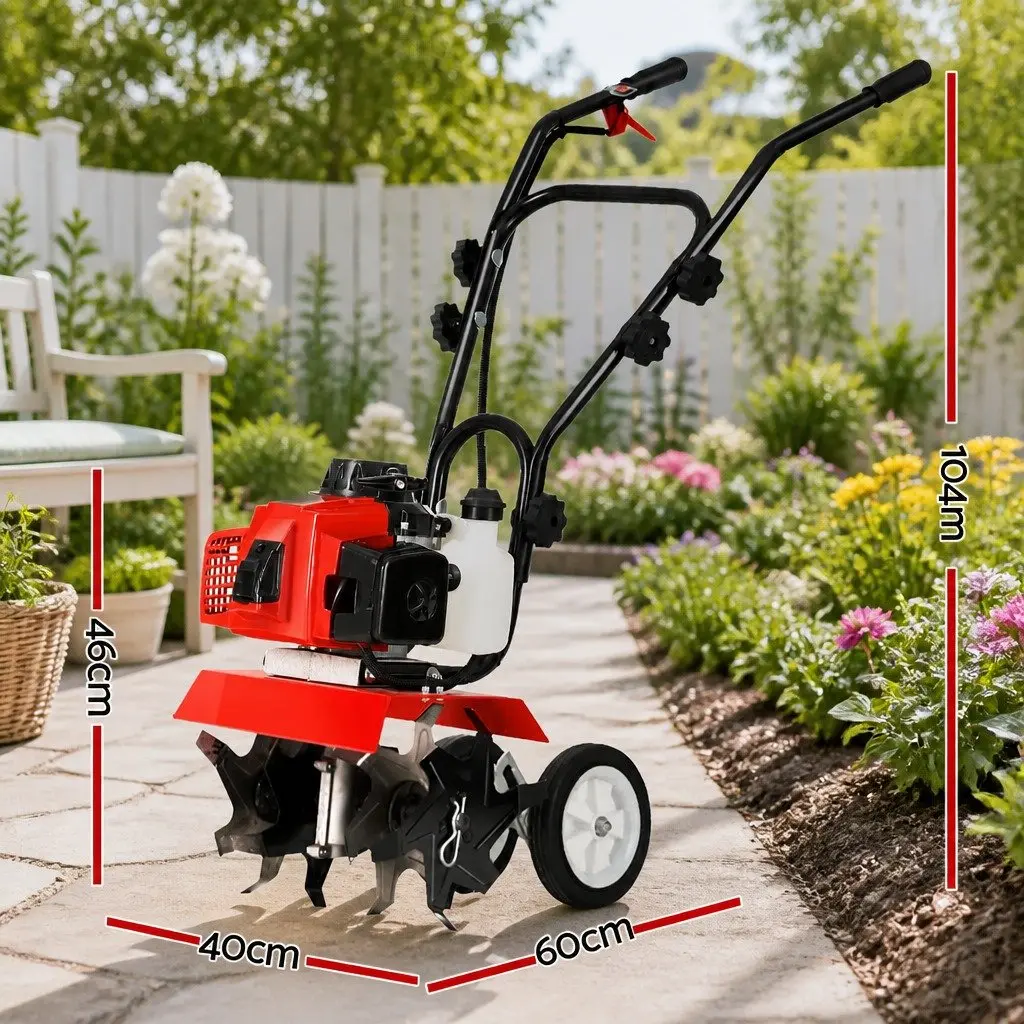 Hand-held Garden Tiller 63cc 2-Stroke Petrol Red 4 Blades 400mm Working Width