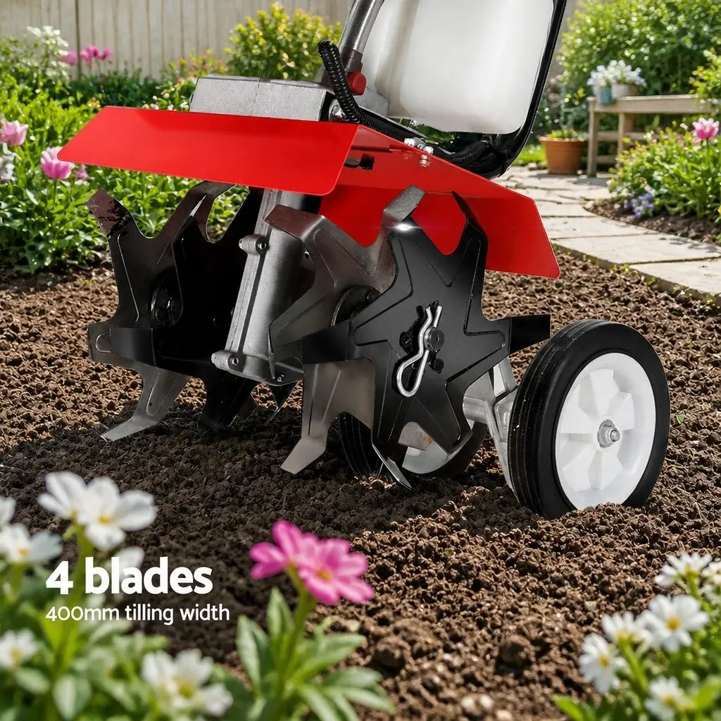 Hand-held Garden Tiller 63cc 2-Stroke Petrol Red 4 Blades 400mm Working Width