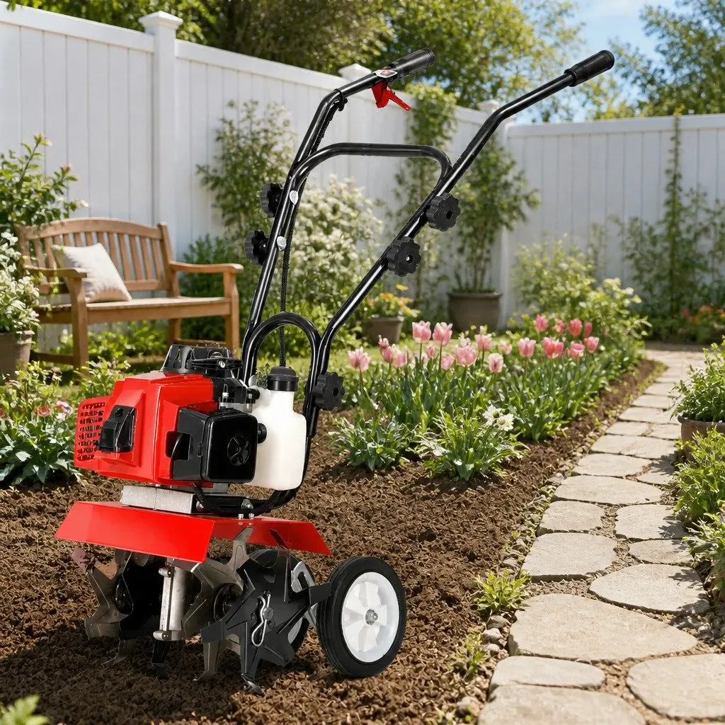 Hand-held Garden Tiller 63cc 2-Stroke Petrol Red 4 Blades 400mm Working Width