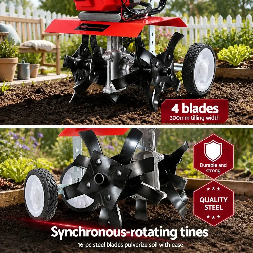 65cc Petrol Tiller Rototiller Garden Cultivator 4 Blades 300mm Red