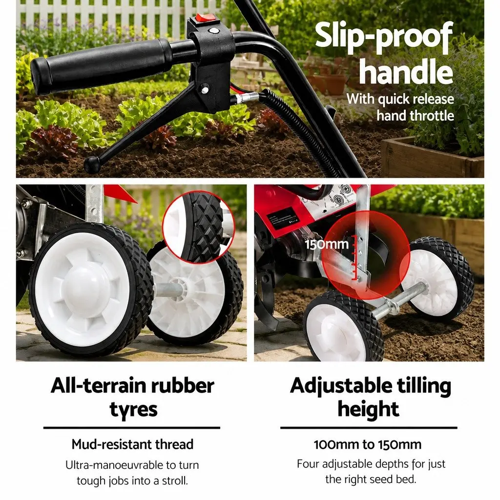 65cc Petrol Tiller Rototiller Garden Cultivator 4 Blades 300mm Red