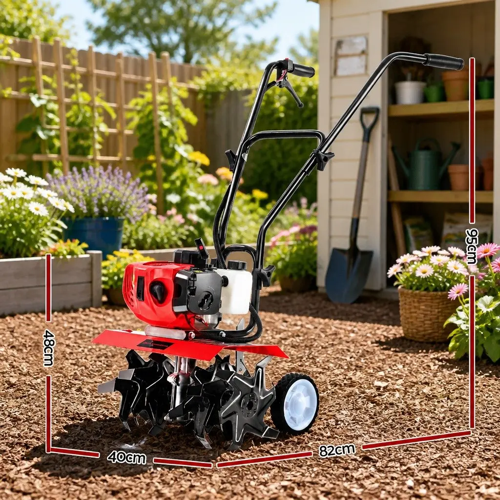Hand-Held Tiller 65cc 2-Stroke Petrol 400mm Red Soil Cultivator with 6 Blades