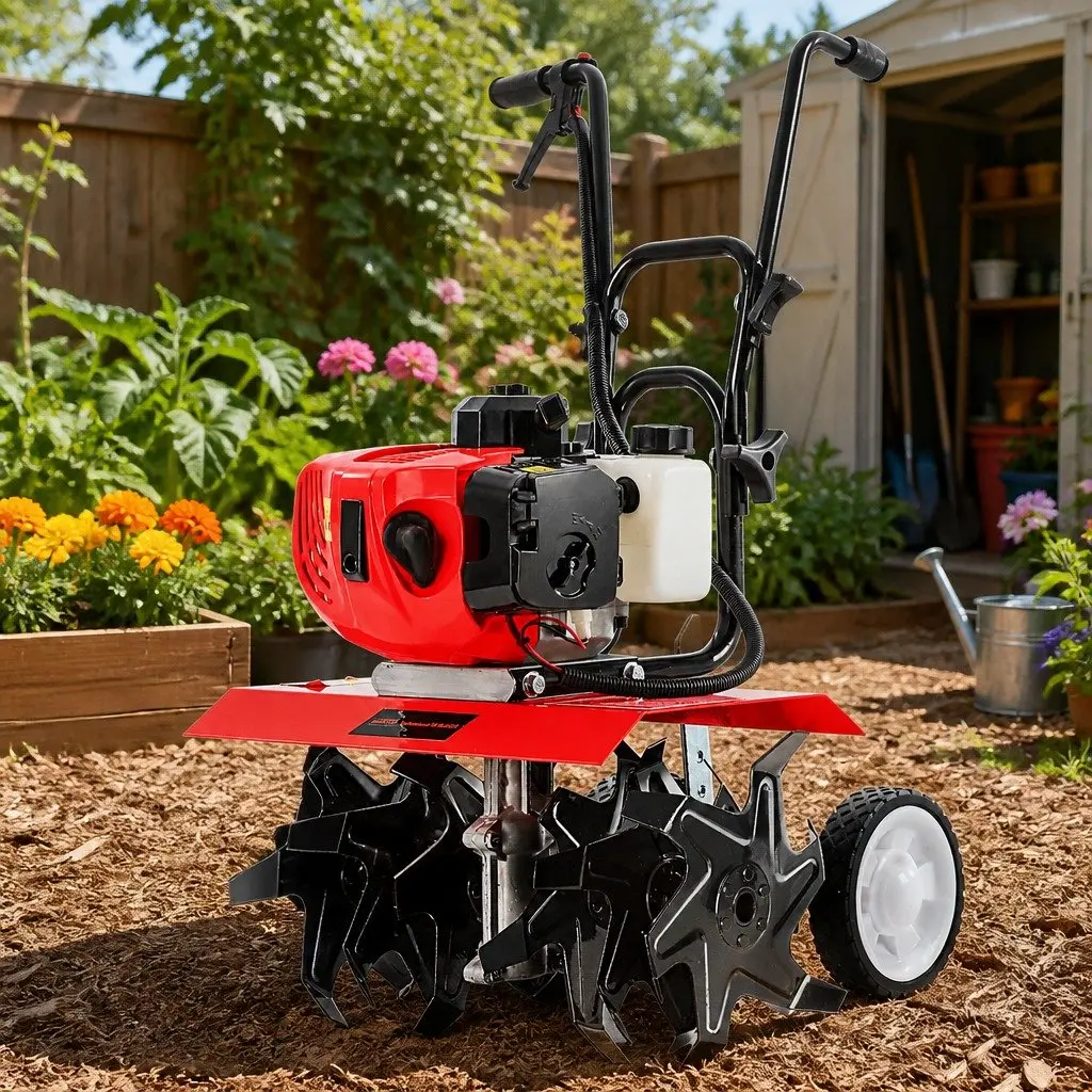 Hand-Held Tiller 65cc 2-Stroke Petrol 400mm Red Soil Cultivator with 6 Blades
