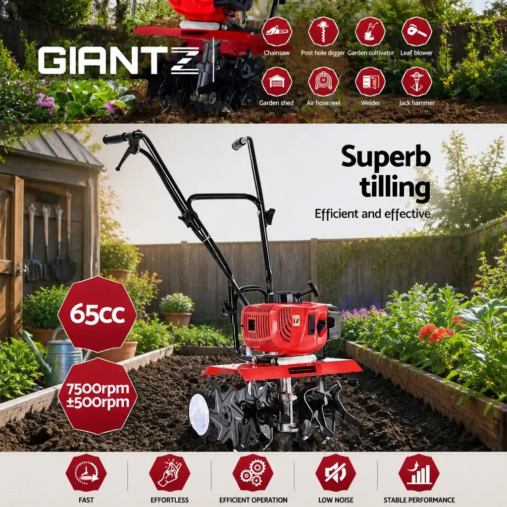 Hand-Held Tiller 65cc 2-Stroke Petrol 400mm Red Soil Cultivator with 6 Blades