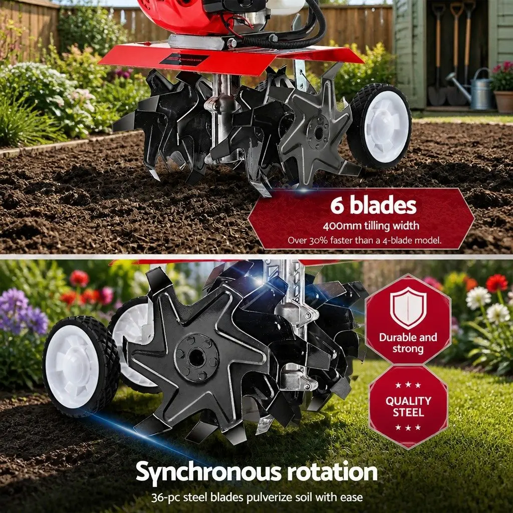 Hand-Held Tiller 65cc 2-Stroke Petrol 400mm Red Soil Cultivator with 6 Blades